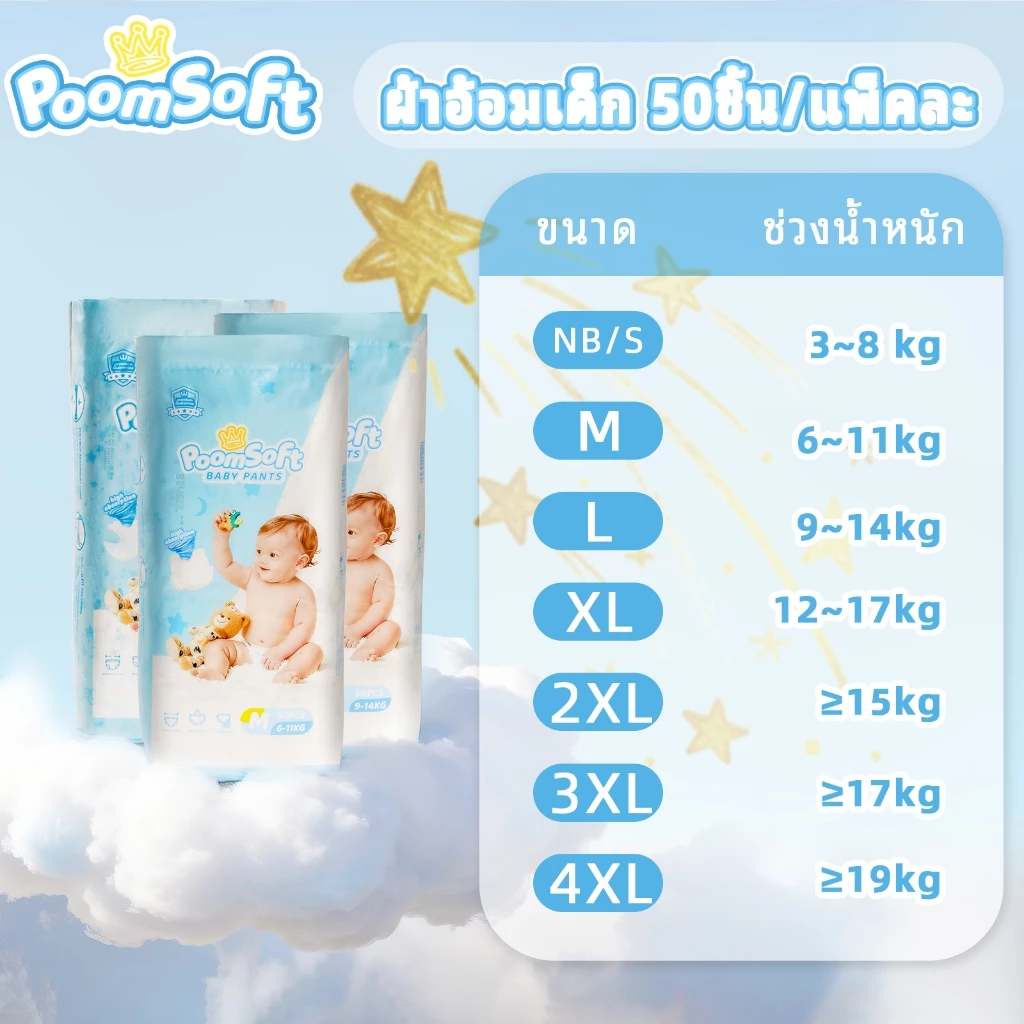 Poomsoft 50ชิ้น ผ้าอ้อมเด็ก นุ่ม บางเบา ทิ้งได้ง่าย ผ้าอ้อม กางเกง&เทป Baby Diaper Pants NB-4XL thumbnail 7