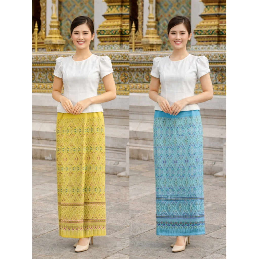 ชุดผ้าไทยเสื้อ + ผ้าถุงตัดสำเร็จ ซิปหลังอัดผ้ากาวทั้งชุด