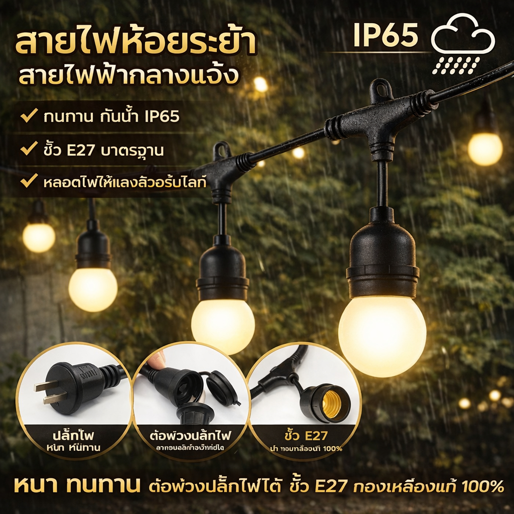 สายไฟห้อยระย้า ขั้วE27 5-20เมตร พร้อมหลอไฟ 220v สายระย้า LED 3W หลอดปิงปอง