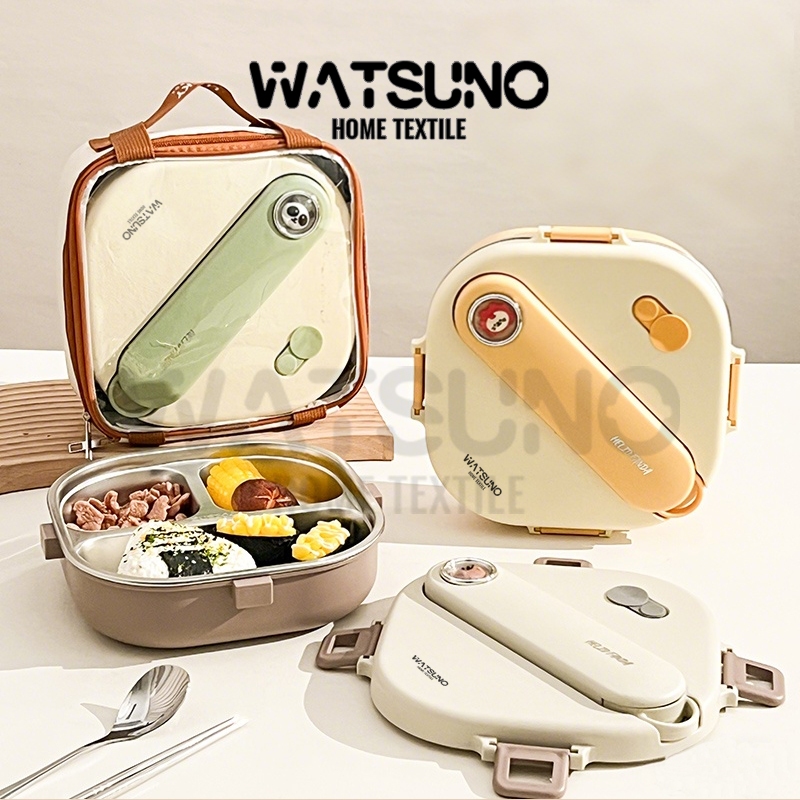 Watsuno.กล่องข้าวเก็บอุณหภูมิ กล่องข้าวมีช่องแบ่ง กล่องข้าวพกพา มีช้อน ส้อม ตะเกียบในตัว เข้าไมโครเวฟได้