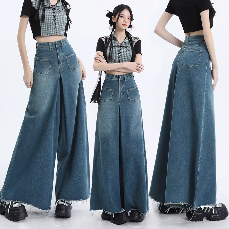 S~5XL Baggy jeans Blue กางเกงยีนส์ขากว้างเอวสูงย้อนยุค 2026 สไตล์ใหม่ดิบขอบหลวมสบายๆกางเกงขาช้างอเนกประสงค์ HOT