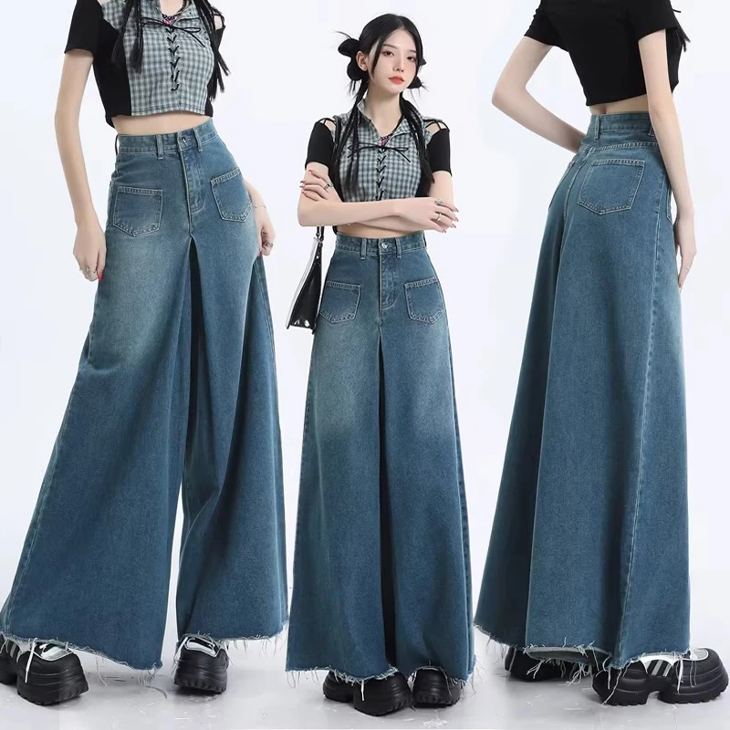 S~5XL Baggy jeans Blue กางเกงยีนส์ขากว้างเอวสูงย้อนยุค 2026 สไตล์ใหม่ดิบขอบหลวมสบายๆกางเกงขาช้างอเนกประสงค์ HOT