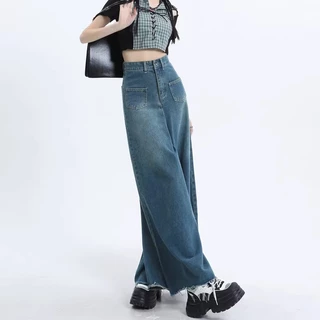 S~5XL Baggy jeans Blue กางเกงยีนส์ขากว้างเอวสูงย้อนยุค 2026 สไตล์ใหม่ดิบขอบหลวมสบายๆกางเกงขาช้างอเนกประสงค์ HOT
