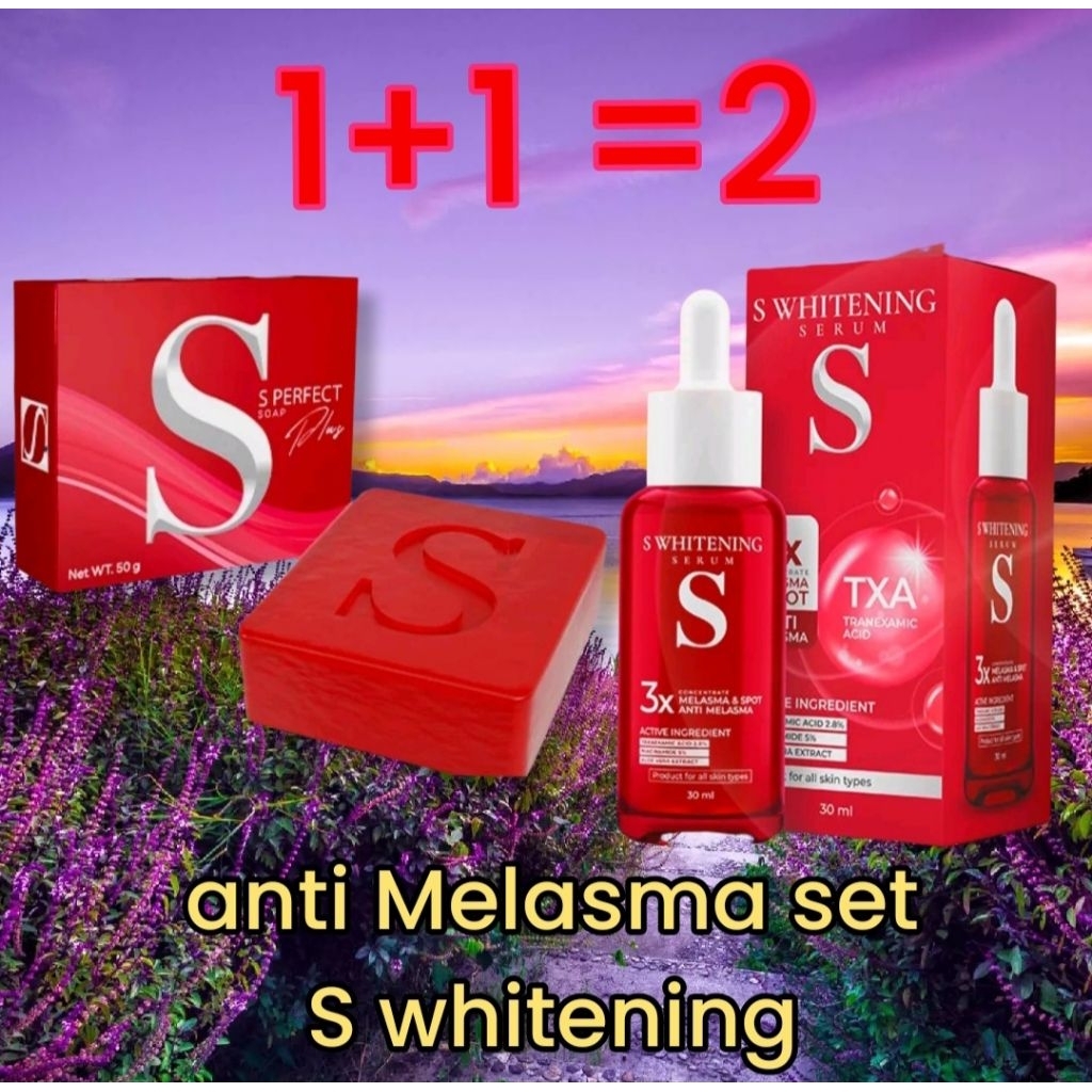 2 กล่อง สบู่ และ เซรั่ม เอส ไวท์เทนนิ่ง S serum 30ml soap perfect 50g melasma wrinkle reduce
