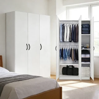 ตู้เสื้อผ้าสีดำ ตู้เสื้อผ้าไม้ คุณภาพเยี่ยม แข็งแรงทนทาน มีพื้นที่เก็บของกว้างขวาง （3Door Wardrobe）