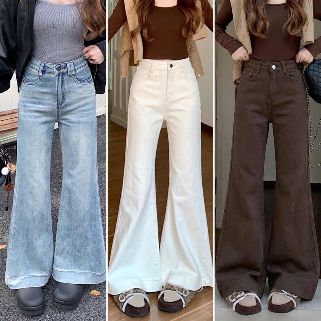 Bella shop กางเกงยีนส์ขายาวเอวสูงทรงบานสไตล์เรโทรคุณภาพสูงสำหรับผู้หญิง S-XL มีหลายสีให้เลือก เข้ากับชุดได้ง่าย – โปรปัง