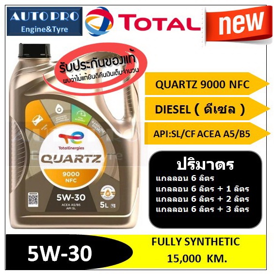 (น้ำมันใหม่ปี2026) (TOP) 5W-30 TOTAL QUARTZ9000 NFC สำหรับเครื่องยนต์ดีเซล สังเคราะห์แท้ 100% ระยะ 1