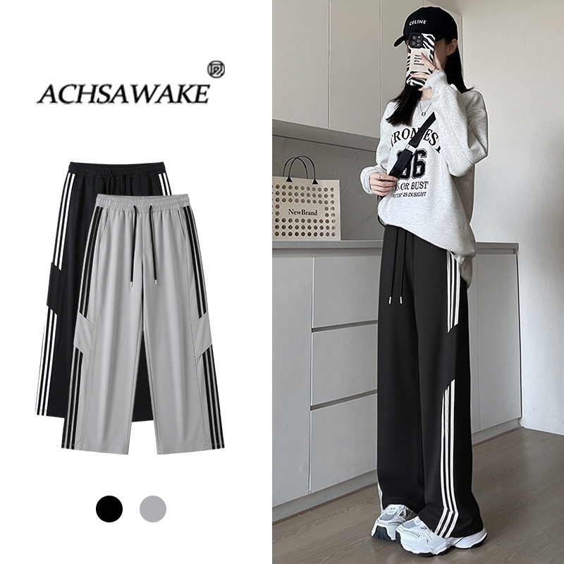 ACHSAWAKE กางเกงสตรีทรงขากว้าง ดีไซน์แถบลายทางข้างขา ทรงสุทธ์สปอร์ตสไตล์ล้ำลอง สวมใส่สบาย