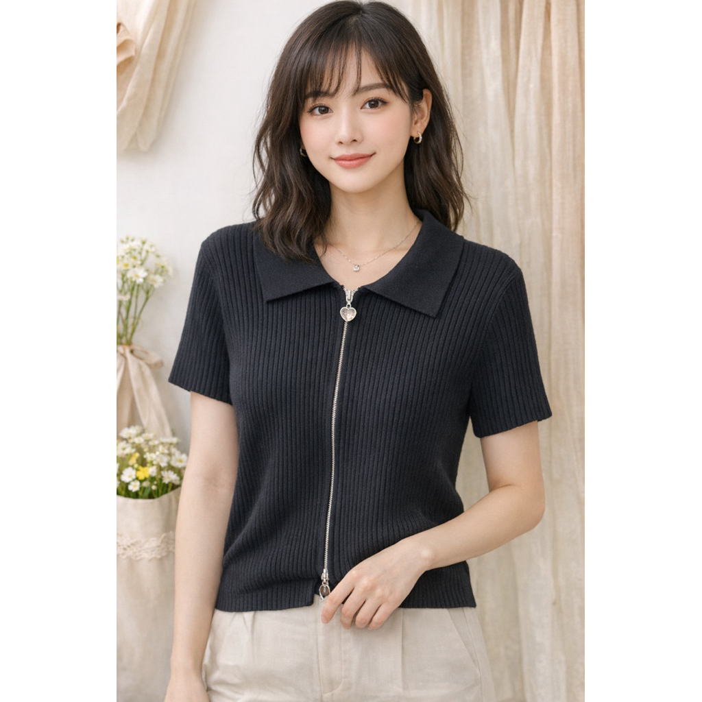 เสื้อไหมพรมคอปก ลายร่อง ซิปหัวใจ Zip 2 - Way