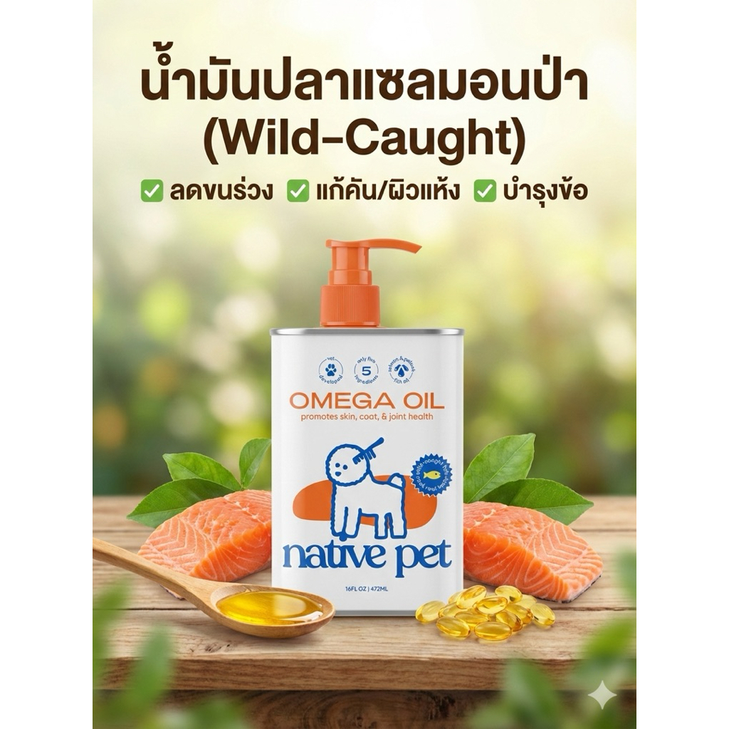 Native Pet Omega Oil น้ำมันปลาแซลมอนป่า ลดขนร่วง/คัน บำรุงขนเงางาม เสริมข้อต่อ (Wild Caught) เกรดพรีเมี่ยม USA 472ml