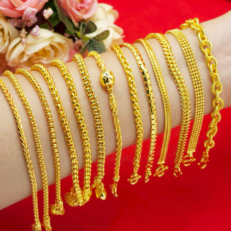 สร้อยข้อมือทองห้อยจี้หัวใจ หนัก 2 สลึง ถึง 1 บาท ความยาว 6.5, 7 นิ้ว ทองชุบ ลายสี่เสา ผ่าหวาย มาลัย เลสแบน พร้อมส่ง