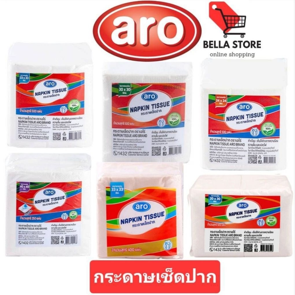 Aro เอโร่กระดาษเช็ดปาก ขนาด500แผ่น33×33,30×30,24×24,20×30,400แผ่น33×33,250แผ่น40×40 ช่วยลดการปนเปื้อนและประหยัดการใช้งาน