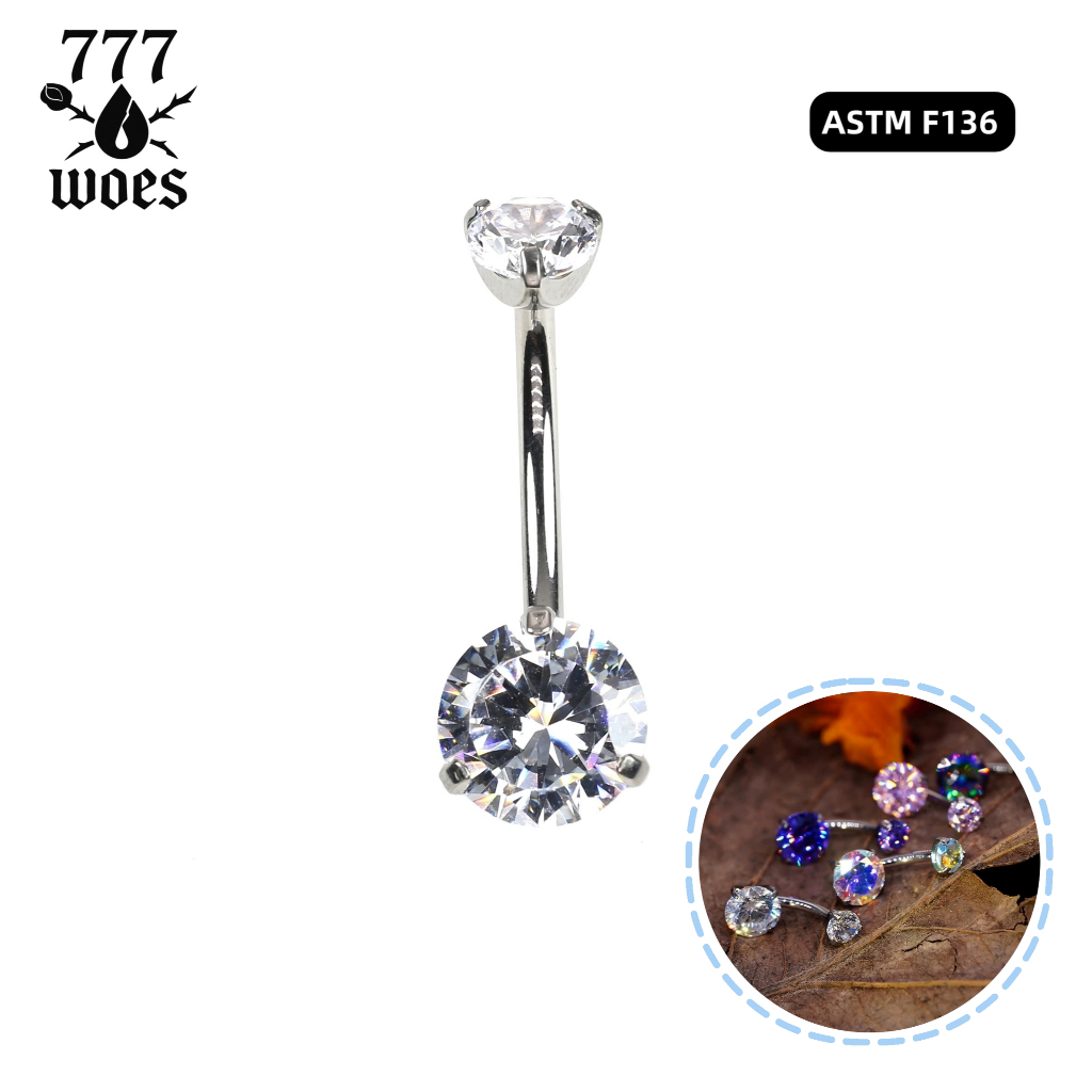G23ไทเทเนียมเกรดแพทย์จิวสะดือเพชรCZแวววาวทรงกลมระยิบระยับสุดสีสันหลากสีม่วงชมพูขาวน้ำเงินรุ้งไม่แพ้