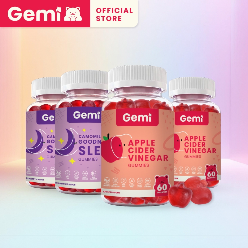 Gemi เจมมี่ แอปเปิ้ลไซเดอร์วิเนการ์และกู๊ดไนท์สลีพกัมมี่ รวม 4 กระปุก / Gemi ACV & Goodnight Sleep Gummy / GemiGummi
