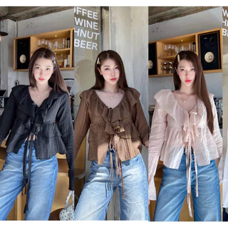 Bershaka top เสื้อระบายผูกโบว์ทรงสวย แขนยาว แต่งระบายคอ ระบายแขน ไม่ต้องรีด