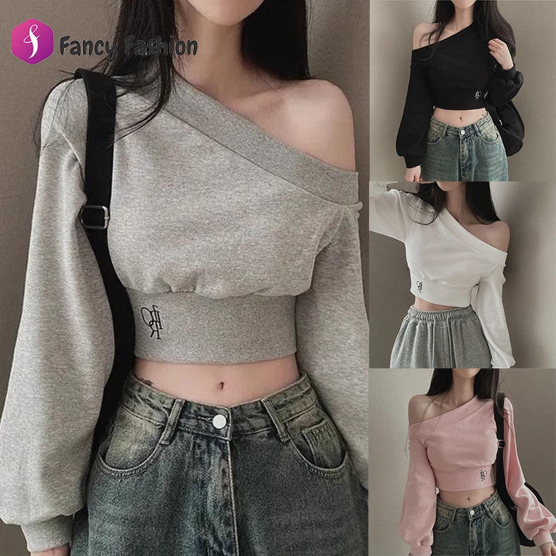 Fancy เสื้อสเวตเตอร์บาง, ปลอกคอแนวทแยงผิดปกติ, ปิดไหล่, เอวพอดีตัว, อเนกประสงค์,เสื้อผ้าผู้หญิงเลดี้ สินค้า