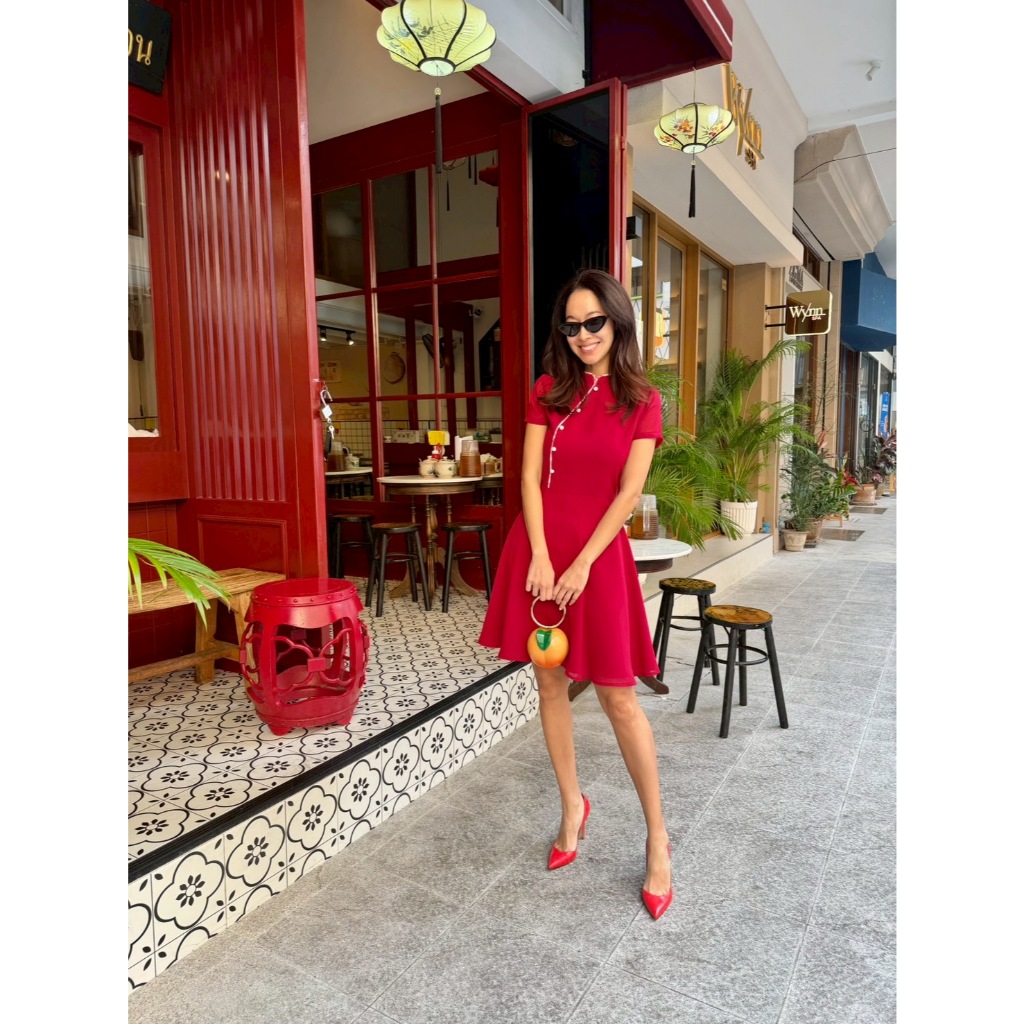 PD369 RED Oriental Dress เดรสผ้าชีฟองสีแดงเข้ม คอจีน แขนสั้น กระโปรงบานย้วย