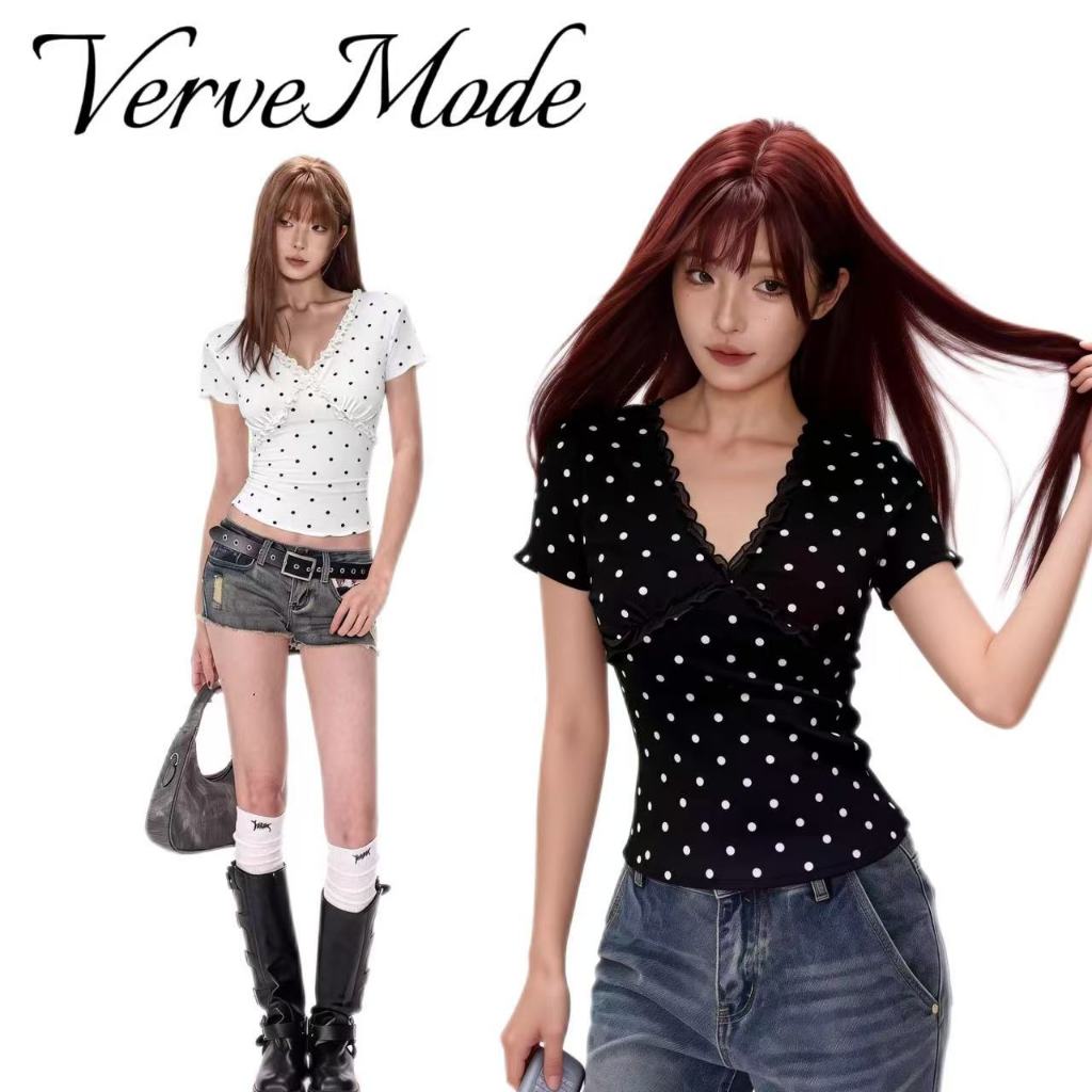 VerveMode. จัดส่งในประเทศไทย เสื้อยืดแขนสั้นผ้าลูกไม้สำหรับผู้หญิง สไตล์ใหม่สำหรับฤดูร้อน คอวี แขนสั้น ดีไซน์ไหล่ตรง สีเ