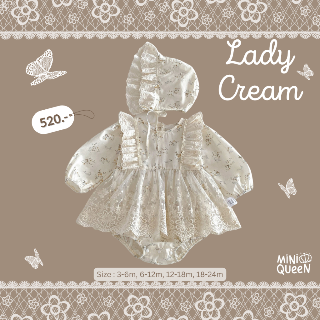 MiniQueen เสื้อผ้าเด็กแรกเกิด ชุดบอดี้สูทเด็กอ่อน รุ่น Lady Cream พร้อมหมวก (BDS00193)