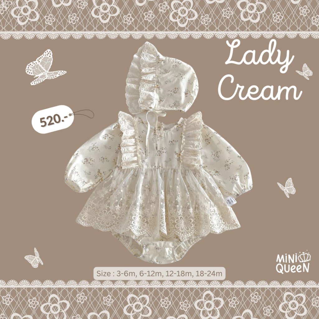MiniQueen เสื้อผ้าเด็กแรกเกิด ชุดบอดี้สูทเด็กอ่อน รุ่น Lady Cream พร้อมหมวก (BDS00193)