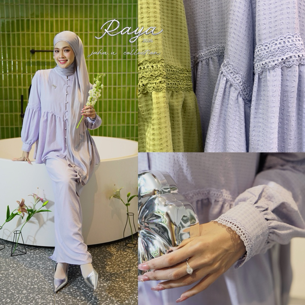 JAHA.U•NEW•RAYA•COLLECTION 202MINI KURUNG ANN BIA(M7154)เนื้อผ้าคอตตอนผสมลายในตัว ต่อแขนและอก ลูกไม้
