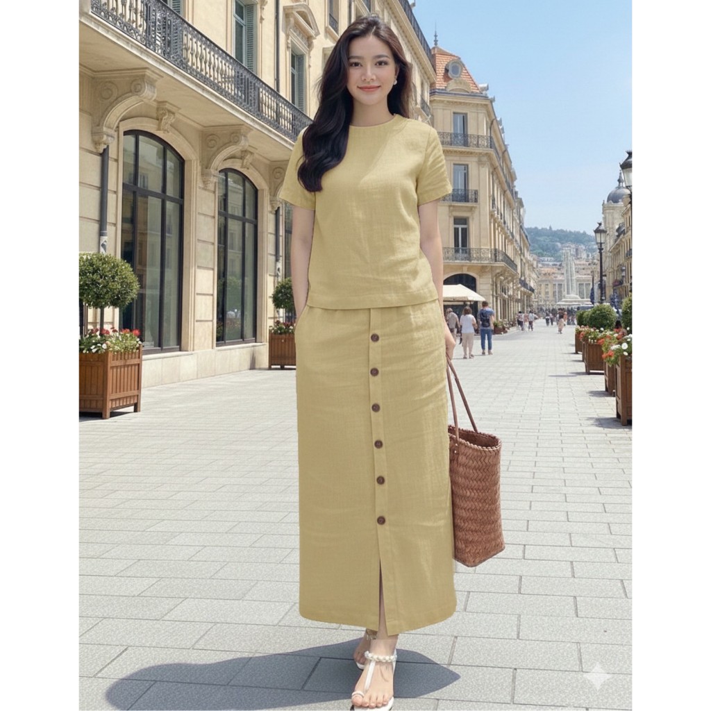 ชุดเซตกระโปรงผ้าฝ้ายผสมลินิน ผ้าใส่สบาย ตัดโดยช่างไทยโรงงานไทย