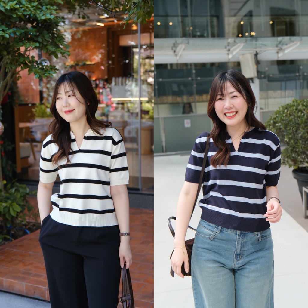Casey knit top✨Chakiya.store❣️เสื้อไหมพรมคอวี ลายทาง แขนสั้น