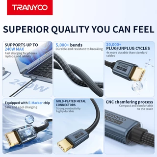 TRANYOO CC-7 สายชาร์จเร็ว Type-C กำลังไฟ 240W ความยาว 1.2 เมตร มาพร้อมชิป E-MARKER ในตัว รองรับการชาร์จเร็วสำหรับโทรศัพท
