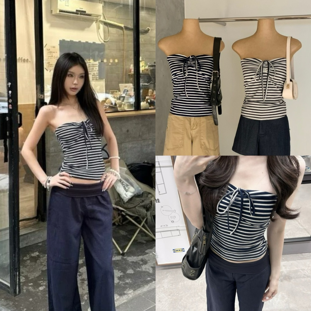 8852# เสื้อเกาะอกลายริ้ว มีเชือกรูดช่วงอก เนื้อผ้ายืดหยุ่นได้เยอะ TAG:WG.WE