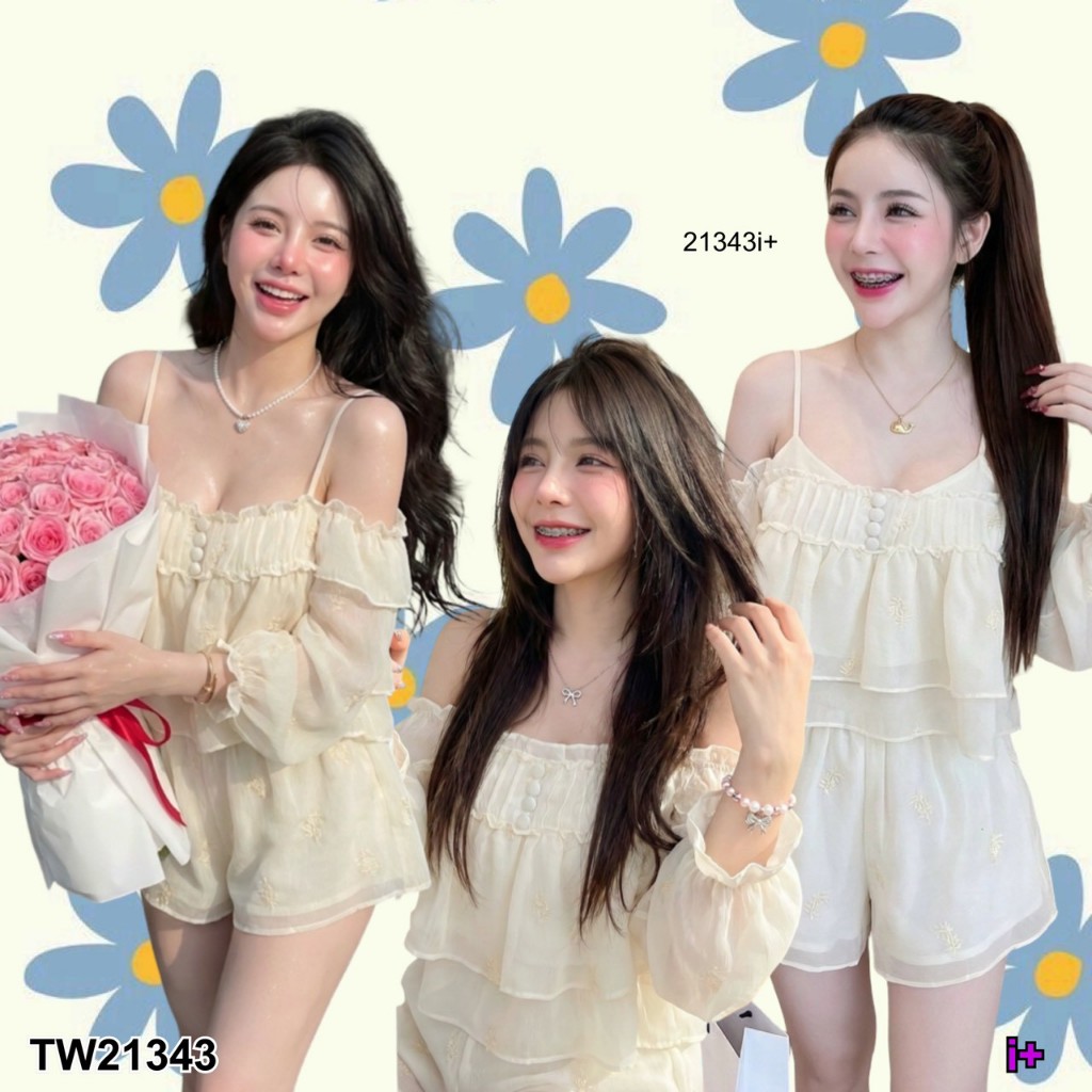 TwinsShopVip💗พร้อมส่ง TW21343 Set 2 ชิ้น เสื้อลูกไม้สายเดี่ยว สม๊อคหลัง + กางเกงขาสั้น ..