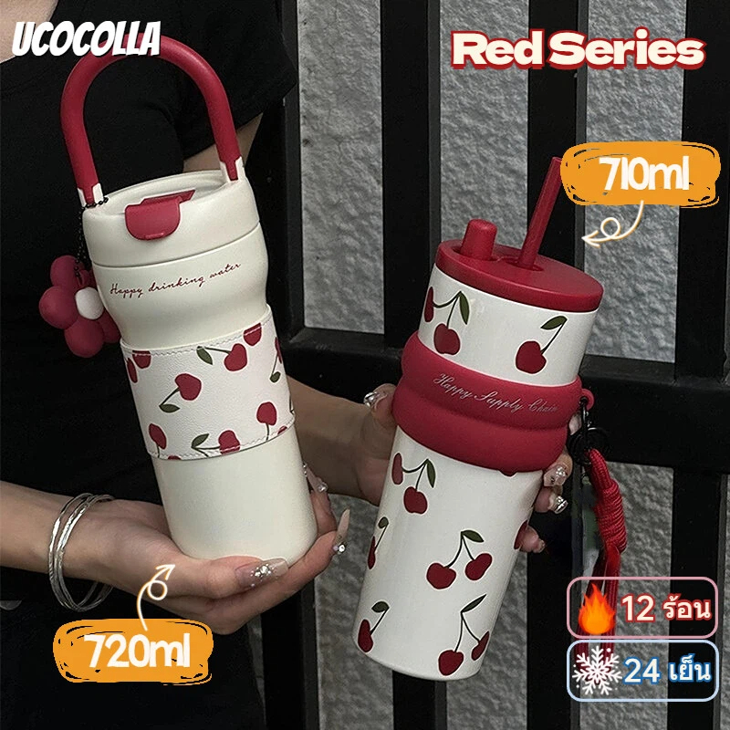 UCOCOLLA แก้วน้ำเก็บอุณหภูมิ สเตนเลส 316 มีฉนวนกันความร้อน ซับเซรามิก แก้วเก็บความเย็น/ร้อน-Red Series