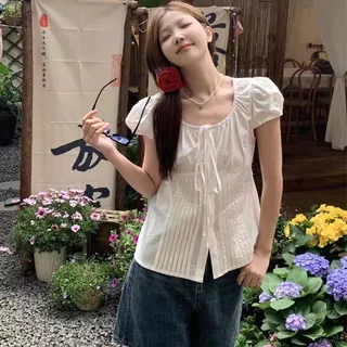 ผู้หญิง สีขาวเสื้อเชิ้ตแขนสั้น สไตล์เกาหลี สีทึบ พักผ่อนเสื้อ