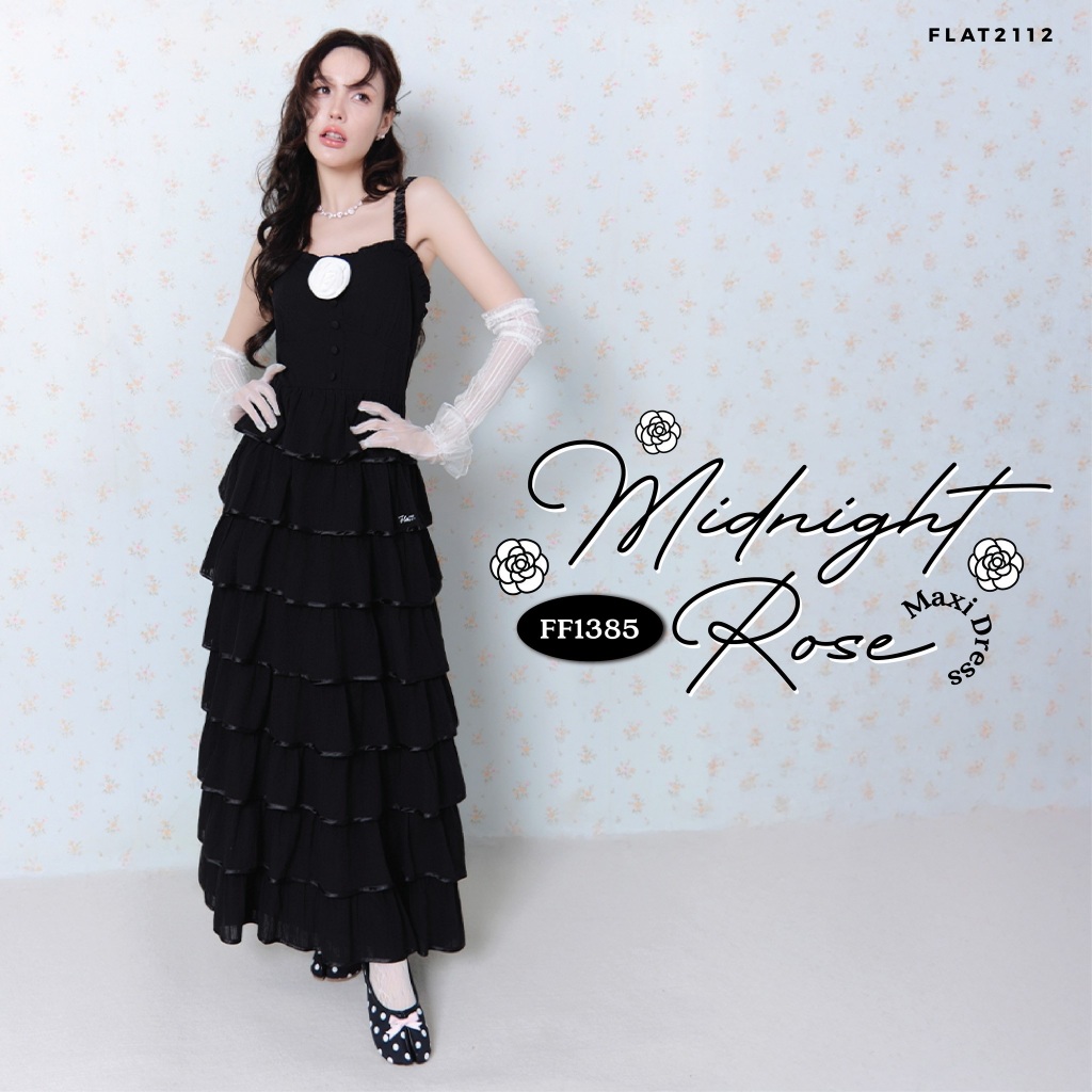 FLAT2112 : MIDNIGHT ROSE MAXI DRESS เดรสยาวสุดเก๋ เดรสสีดำ เดรสสายเดี่ยว เดรสออกเดต ใส่ออกเดต (FF1385)