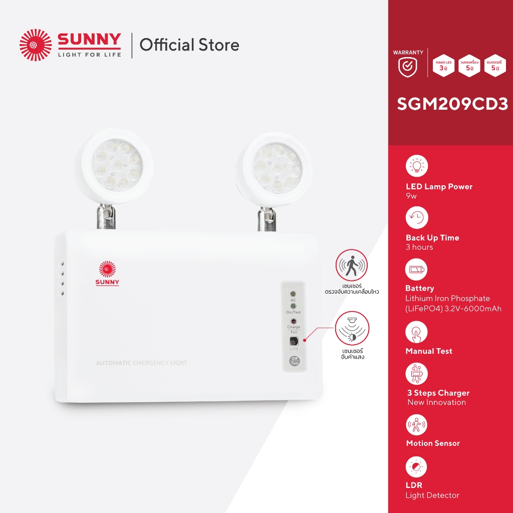 [Motion Sensor ตรวจจับความเคลื่อนไหว] SUNNY โคมไฟฉุกเฉิน รุ่น SGM209CD3 LED 9W สำรองไฟได้นาน 3 ชม  I Manual Test