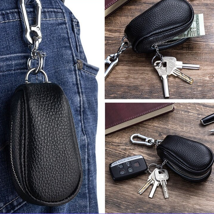 กระเป๋าใส่กุญแจรถหนังวัวแท้ขนาดใหญ่สามารถเก็บสินค้าจำนวนมากได้หลายรูปแบบสีทึบ Ziplock Key Bag ของขวั