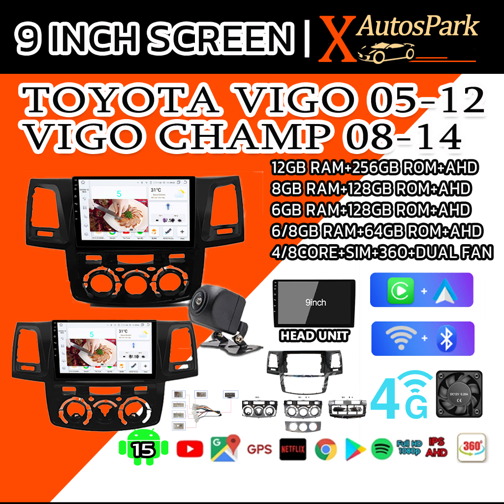 จอแอนดรอยด์ติดรถยนต์ จอ android 15จอแอนดรอย TOYOTA Vigo Revo Fortuner WIFI และ 4G CARPLAY จอแอนดรอยต