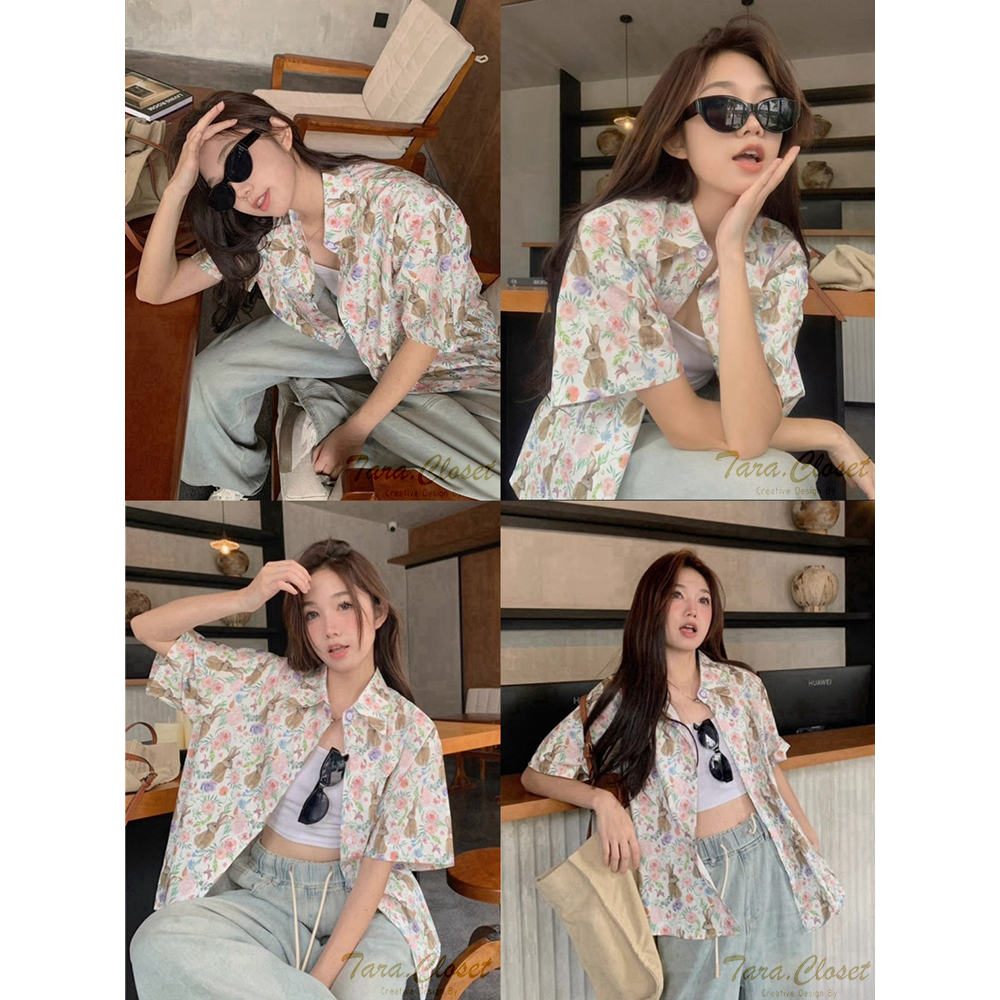 IT123 TARA Shirt เสื้อเชิ้ตคอปก พิมพ์ลายดอก ลายกระต่าย สงกรานต์ แขนสั้น กระดุมหน้า เนื้อผ้าไหมอิตาลี