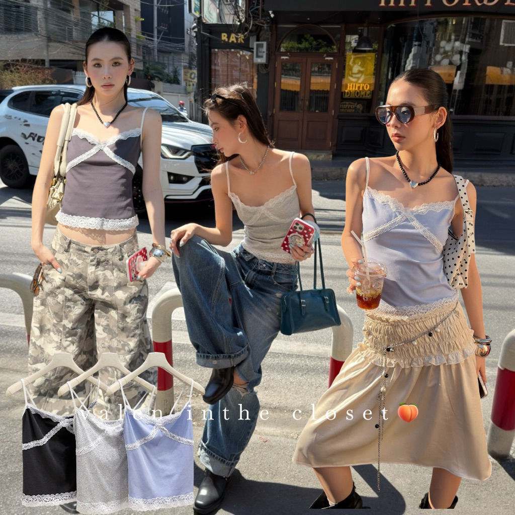 ส่งด่วน 🌸26T067 MMFISH 𝗥𝗢𝗦𝗜𝗘 𝗟𝗔𝗖𝗘 𝗖𝗔𝗠𝗜𝗦𝗢𝗟𝗘 เสื้อสายเดี่ยวที่ใครใส่ก็สวย ดีไซน์เรียบแต่ดูแพง