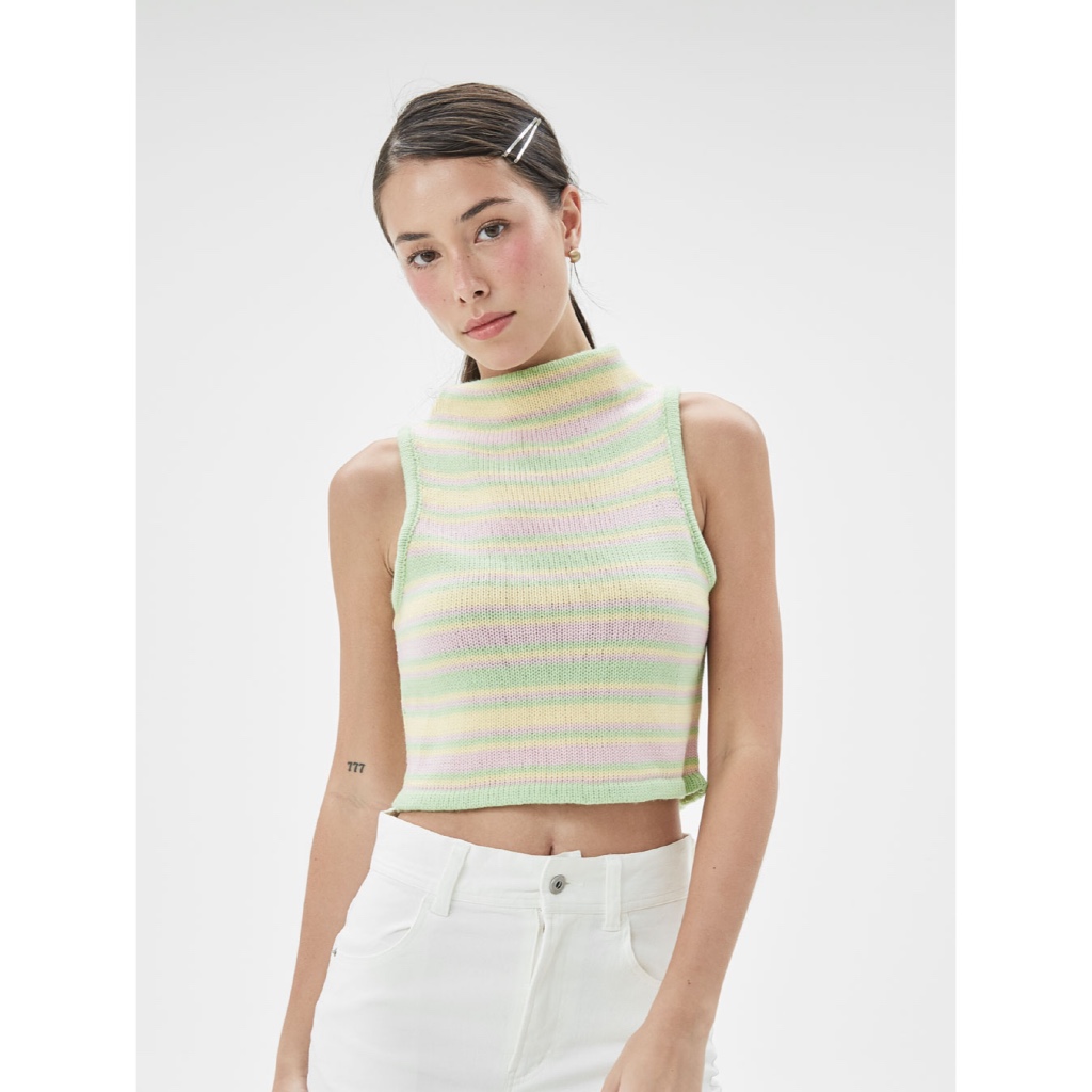 CUPPA - POWERCUP GIRL Tank Top (6 สี) เสื้อแขนกุดไหมพรม ลายทอสลับสี ทรงคอปีน เนื้อผ้านุ่ม ใส่สบาย ไม่ร้อน CUP19