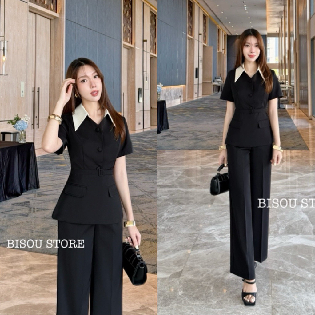 เซ็ต 3 ชิ้น เสื้อดำแขนสั้นคอปกสีครีม กางเกงขายาว เข็มขัด มีถึง 2XL