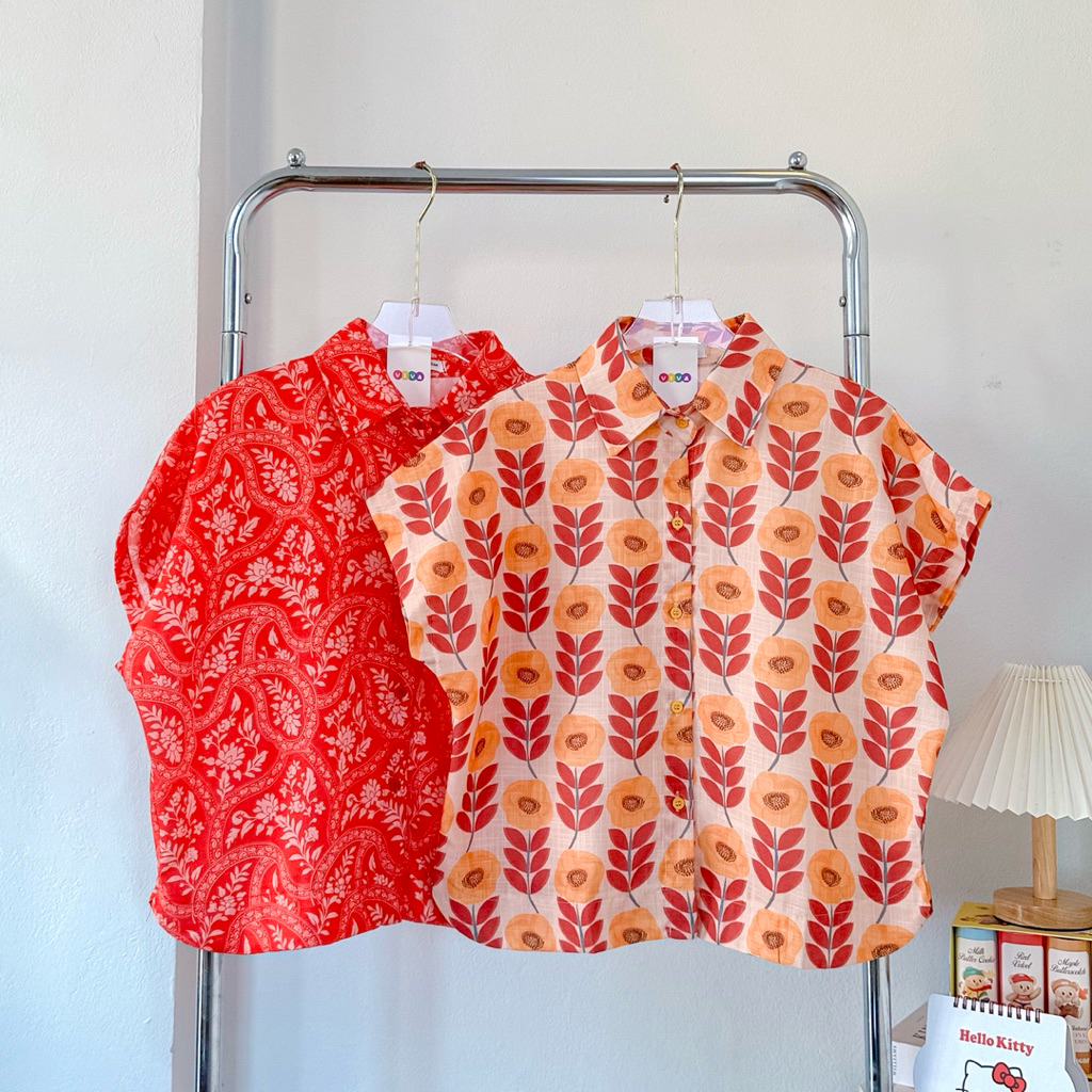 เสิ้อเชิ้ตลายวินเทจ ทรงแขนค้างคาว ผ้าลินินอินเดีย โอเวอร์ไซซ์