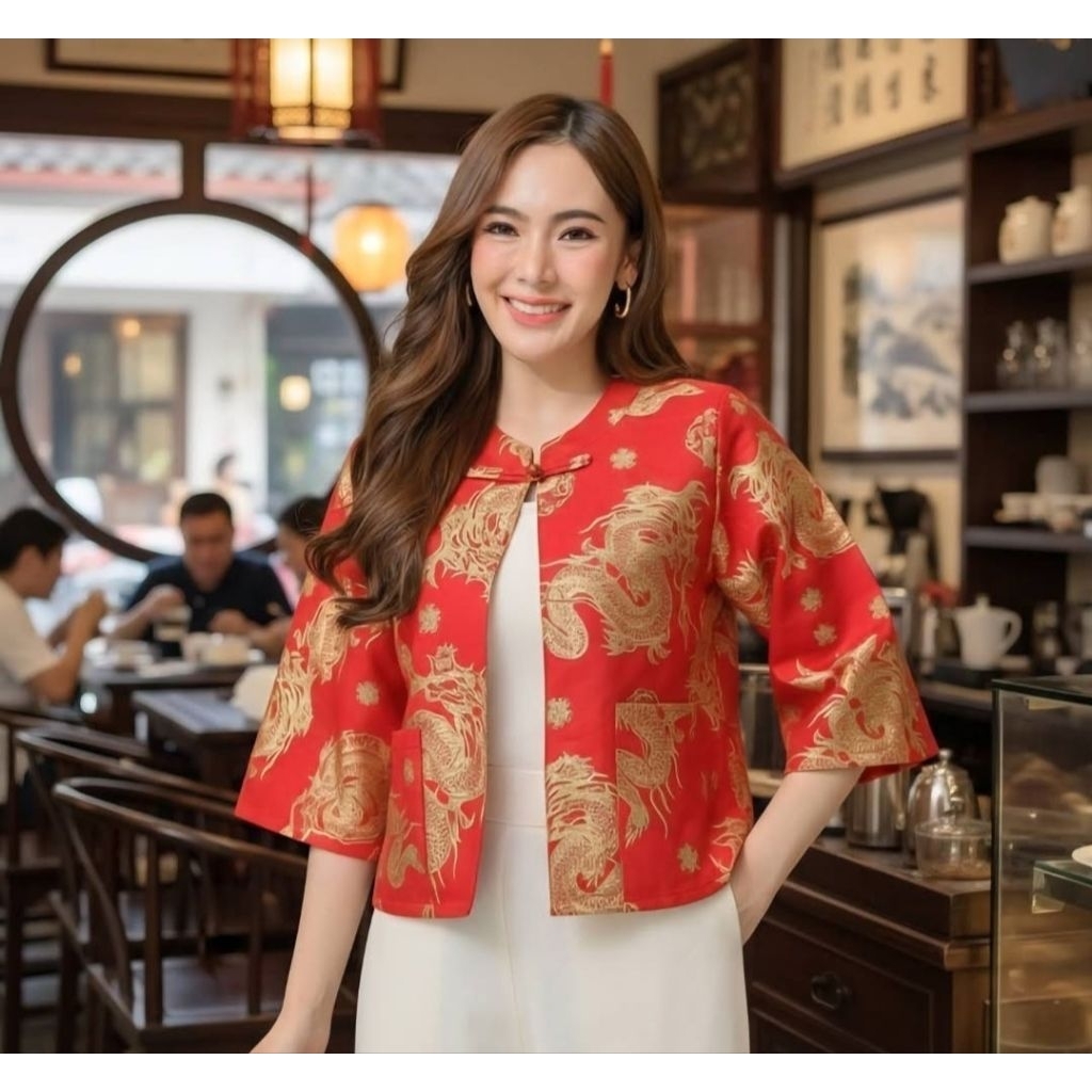เสื้อคลุมผ้าไทย ผ้าฝ้ายพิมพ์ลาย แขนห้าส่วน
