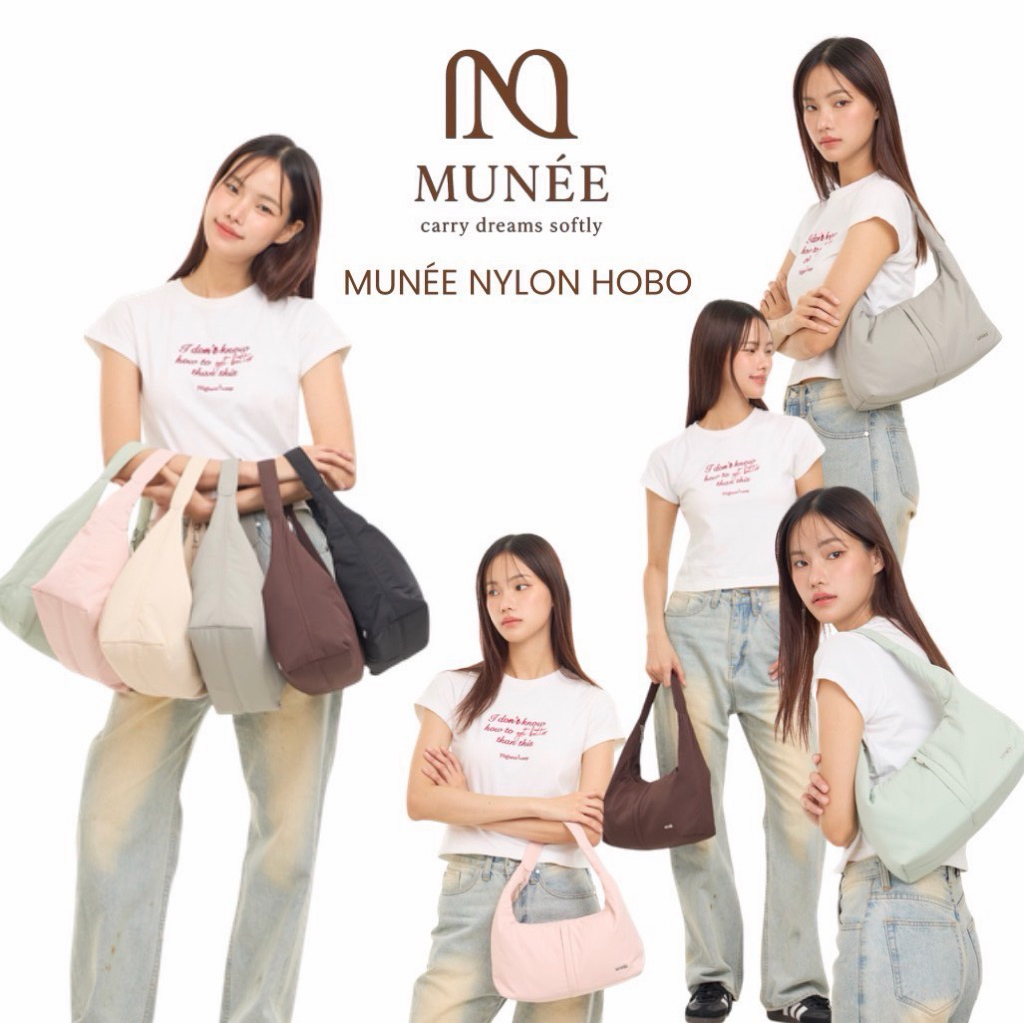 MUNÉE NYLON HOBO กระเป๋าสะพายทรงโค้ง กระเป๋าสะพายไหล่ กระเป๋าถือ กระเป๋ามินิมอลกันน้ำ