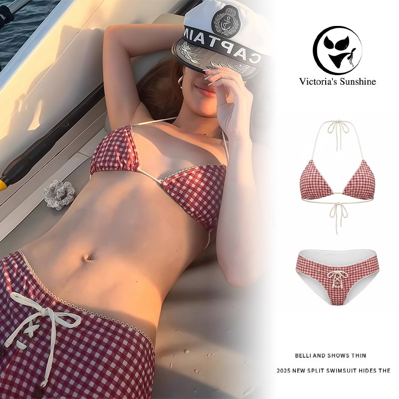 ส่งไว🔥บิกินี่ทูพีช bikini เว้าหลัง มีฟองน้ำ สไตล์ฤดูร้อนใหม่ ลายสก็อตสุดเก๋#0984