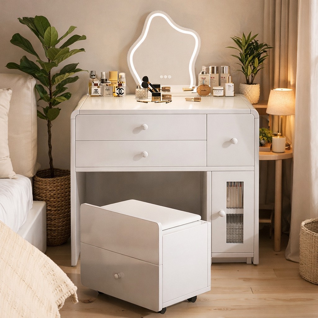 โต๊ะเครื่องแป้งสไตล์มินิมอล พร้อมเก้าอี้ Dressing Table โต๊ะแต่งหน้าสไตล์เกาหลีมีลิ้นชัก สวยแข็งแรง