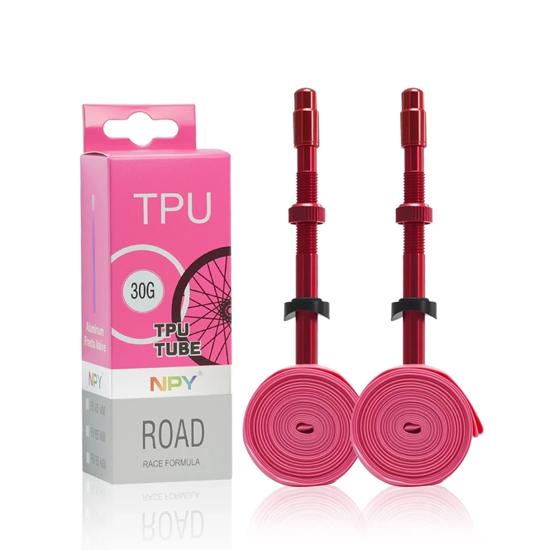 ยางในจักรยานเสือหมอบ NPY Tpu ขนาด 700x18-32c สีแดง วาล์วอะลูมิเนียมอัลลอยด์ขนาด 45/65/85 มม. พร้อมแกนทองเหลืองแบบถอดได้