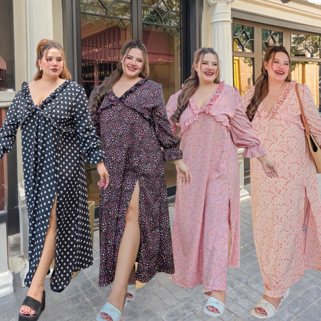 เดรสยาว คอวีกว้าง ทรงต่อใต้อกใส่ระบาย ผ่าหน้า 4 สี 3 ไซส์ (กรุณาอ่านไซส์ในรายละเอียดก่อนสั่งซื้อ)