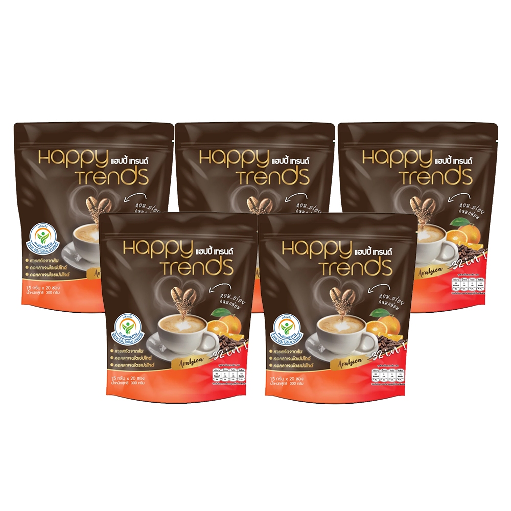 กาแฟ แฮปปี้ เทรนด์ Happy Trends coffee / Thai Tea " ชุด 5 ถุง 100 ซอง " กาแฟ / ชาไทย (20 ซอง x5)