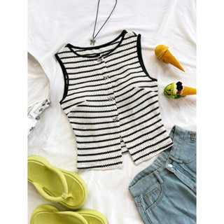 เสื้อกล้ามแขนกุดผ้าถักทอ ลายทาง สีขาวดำ สำหรับผู้หญิง คอกลม …