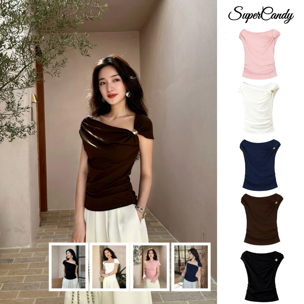 SuperCandy🌷เสื้อเปิดไหล่พร้อมหัวเข็มขัดโลหะ เสื้อยืดทรงสลิมฟิตลำลองพื้นฐาน เสื้อแขนสั้นสีน้ำตาลสำหรับผู้หญิง